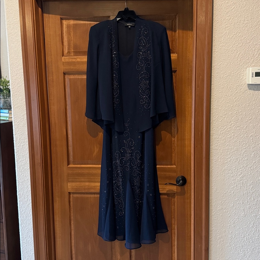 R&M Richard’s  Navy Elegant Beaded formal dress with jacket.